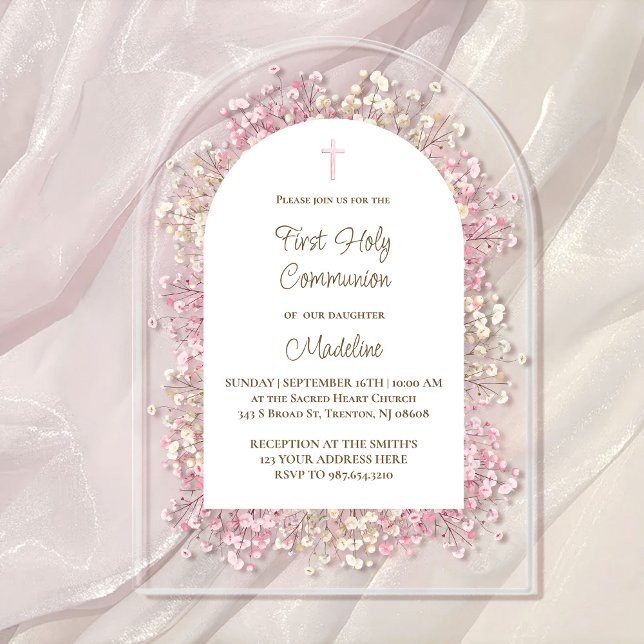Invitations En Acrylique fleurs blanches roses aquarelle Première Communion (Créateur téléchargé)