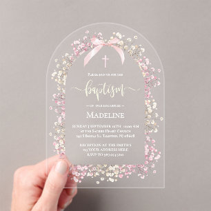 Invitations En Acrylique fleurs blanches roses Baptême