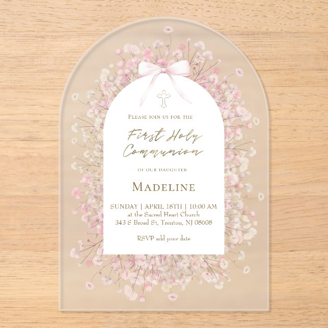 Invitations En Acrylique fleurs blanches roses Première Communion (Recto)