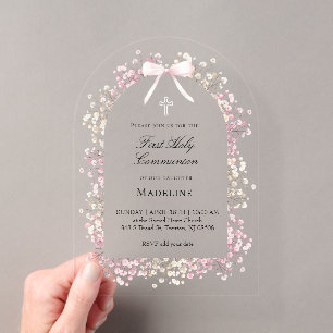 Invitations En Acrylique fleurs blanches roses Première Communion