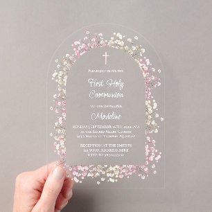 Invitations En Acrylique fleurs blanches roses Première Communion