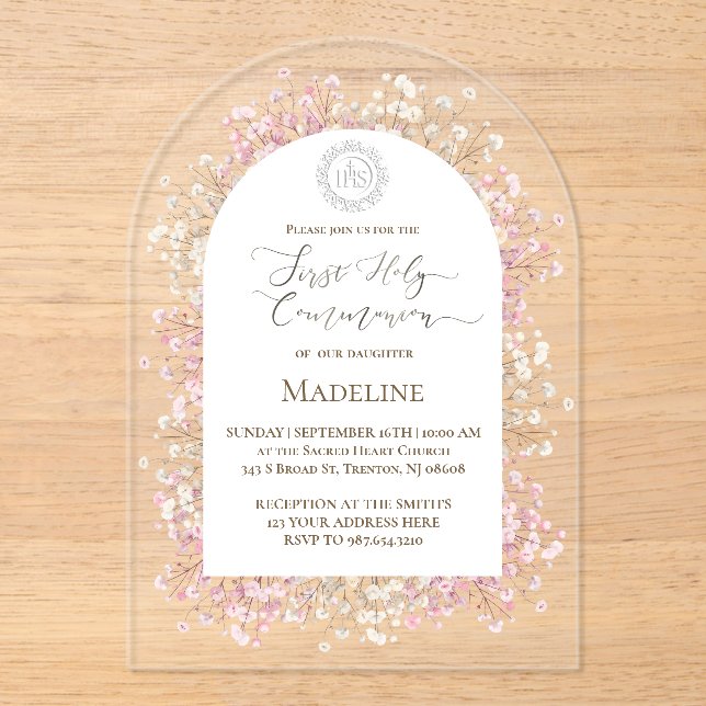 Invitations En Acrylique fleurs blanches roses Première Sainte Communion (Recto)