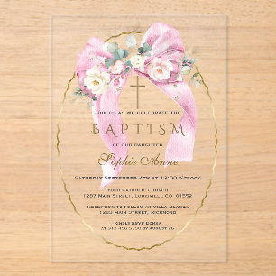 Invitations En Acrylique Fleurs blanches Ruban rose Fille Baptême Transpare