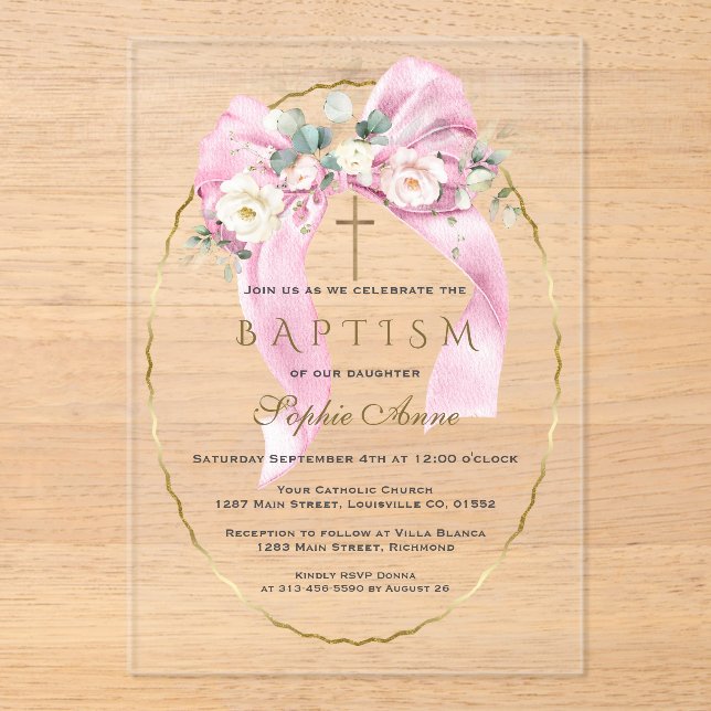 Invitations En Acrylique Fleurs blanches Ruban rose Fille Baptême Transpare (Recto)