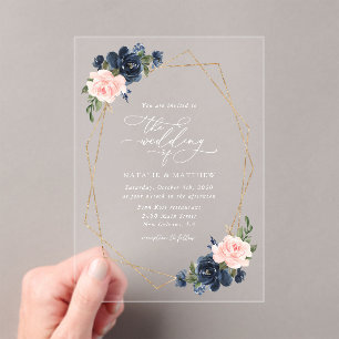 Invitations En Acrylique Fleurs Bleu Marine, Fleurs Roses, Mariage Floral