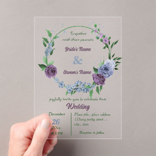 Invitations En Acrylique Fleurs bleu pourpre vert feuille mariage
