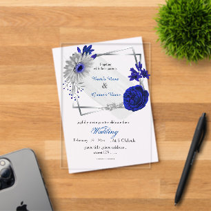 Invitations En Acrylique fleurs bleu royal argent géométrique mariage