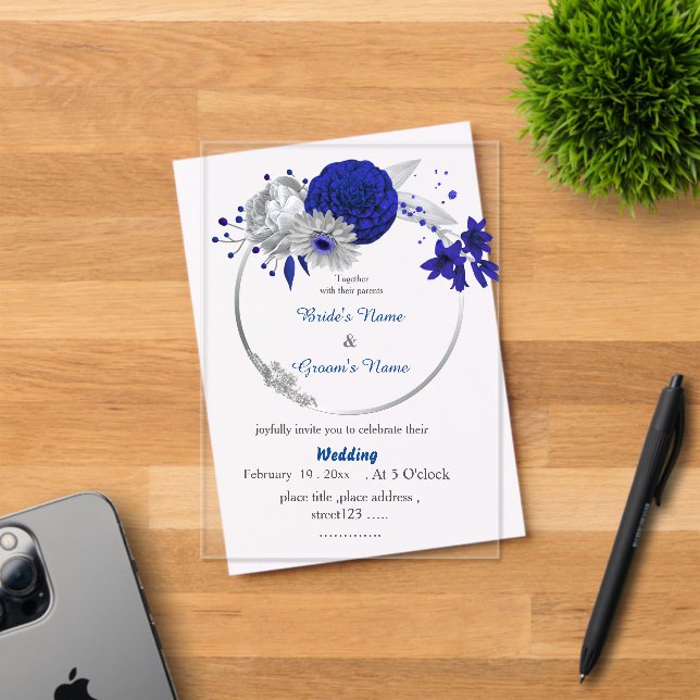 Invitations En Acrylique fleurs bleu royal couronne florale argentée mariag (Insitu (Carte d'invitation))