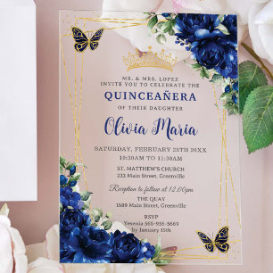 Invitations En Acrylique Fleurs Bleu Royal Floral Quinceañera Papillons