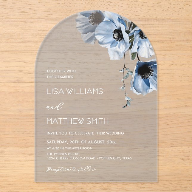 Invitations En Acrylique Fleurs Bleues Blanches (Recto)