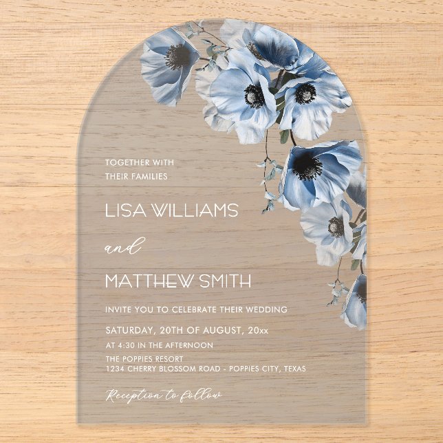 Invitations En Acrylique Fleurs Bleues Blanches (Recto)