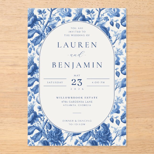 Invitations En Acrylique Fleurs bleues élégantes (Recto)
