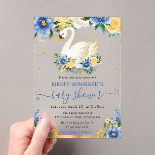 Invitations En Acrylique Fleurs bleues et jaunes aquarelle Baby Shower Cygn