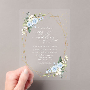 Invitations En Acrylique Fleurs bleues, Fleurs blanches, Verdure, Mariage