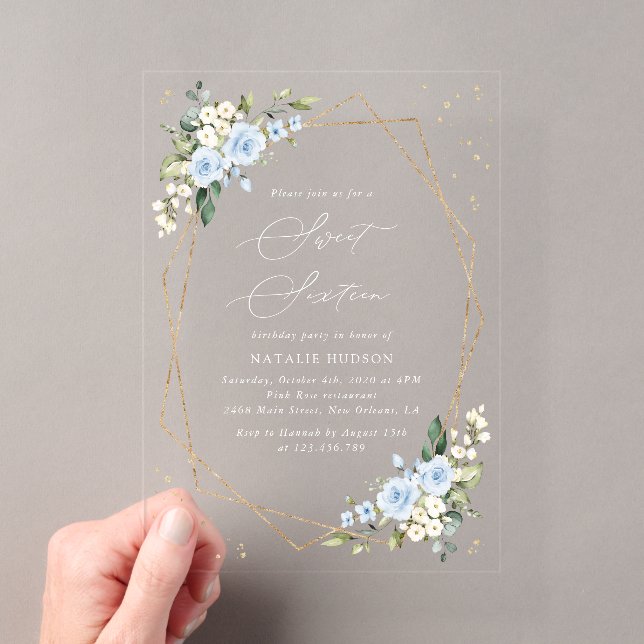 Invitations En Acrylique Fleurs Bleues, Fleurs Blanches, Verdure, Sweet 16 (In situ (ordinateur de poche))