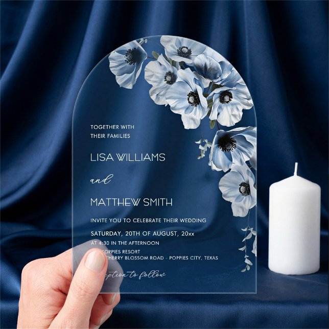 Invitations En Acrylique Fleurs Bleues Mariage Blanc (Créateur téléchargé)