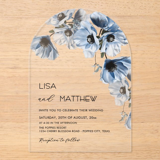 Invitations En Acrylique Fleurs Bleues Mariage Blanc Clair Décontracté (Recto)