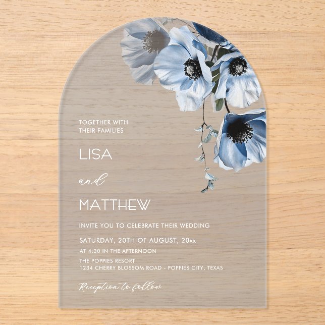Invitations En Acrylique Fleurs Bleues Mariage Clair Casual Blanc (Recto)