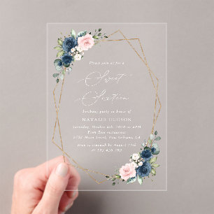 Invitations En Acrylique Fleurs Bleues Marine, Fleurs Roses, Boho, Sweet 16