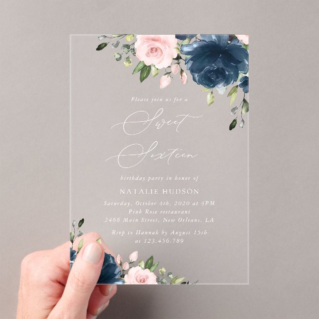 Invitations En Acrylique Fleurs Bleues Marine, Fleurs Roses, Boho, Sweet 16 (In situ (ordinateur de poche))