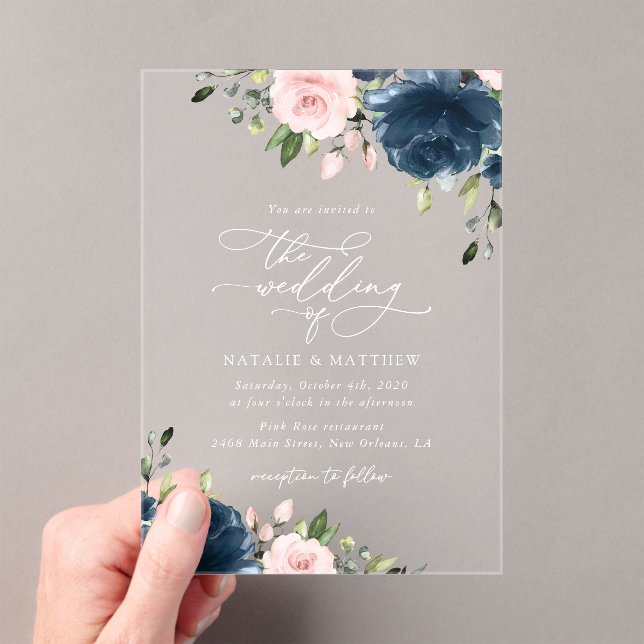 Invitations En Acrylique Fleurs Bleues Marine, Fleurs Roses, Mariage Floral (In situ (ordinateur de poche))