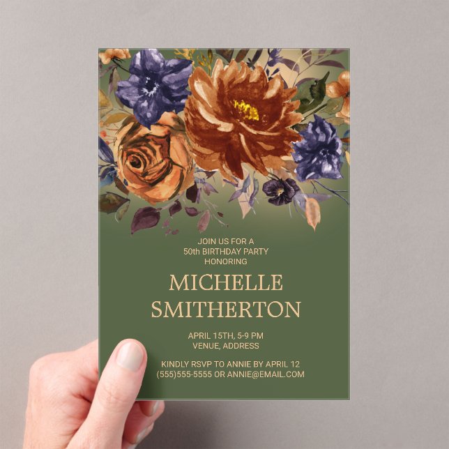 Invitations En Acrylique Fleurs Bleues Orange Brûlé Vert 50e Anniversaire (In situ (ordinateur de poche))