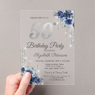 Invitations En Acrylique Fleurs Bleues Paillettes Argent Gouttes 50e Annive
