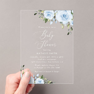 Invitations En Acrylique Fleurs bleues poussiéreuses, Verdure, Boho, Baby s