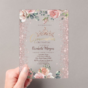 Invitations En Acrylique Fleurs Blush Diamants Rose Gold Quinceanera