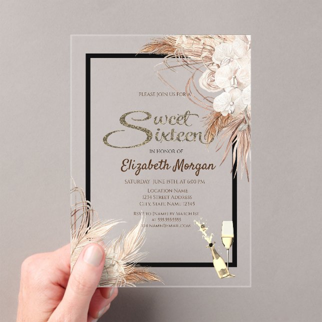 Invitations En Acrylique Fleurs Boho Herbe de Pampas Bois Douce 16 (In situ (ordinateur de poche))