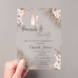 Invitations En Acrylique Fleurs Boho Rose Gold Pailletées Brunch & Bubbly