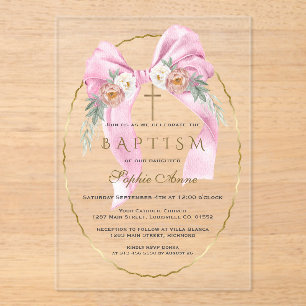 Invitations En Acrylique Fleurs Boho Ruban Rose Fille Baptême Transparent  