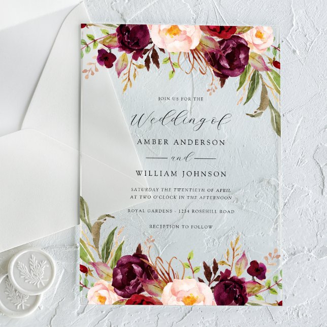 Invitations En Acrylique Fleurs Bourgogne Blush Bloom Mariage   (Créateur téléchargé)