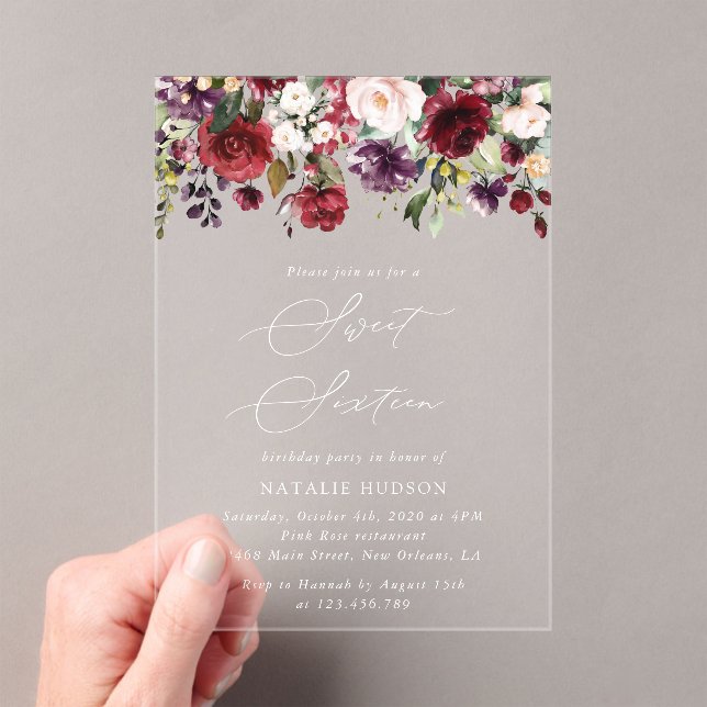 Invitations En Acrylique Fleurs Bourgogne, Fleurs roses, Boho, Sweet 16 (In situ (ordinateur de poche))