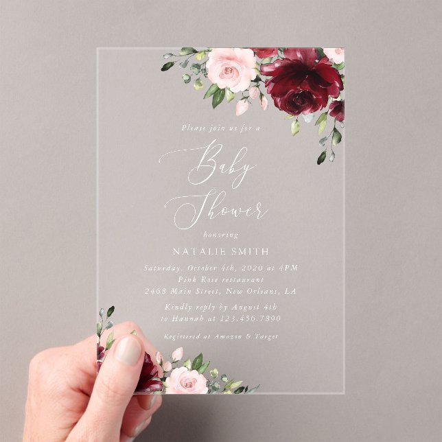 Invitations En Acrylique Fleurs Bourgognes, Fleurs Roses, Boho, Baby shower (In situ (ordinateur de poche))