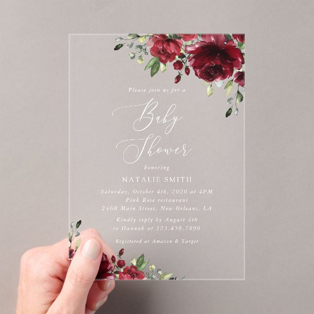 Invitations En Acrylique Fleurs Bourgognes, Fleurs Rouges, Boho, Baby showe (In situ (ordinateur de poche))
