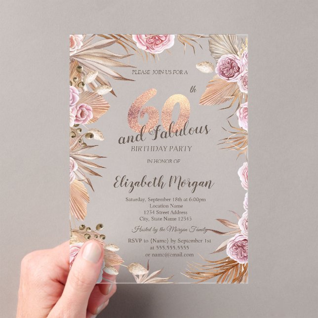 Invitations En Acrylique Fleurs Chic Boho Rose Gold 60e Anniversaire  (In situ (ordinateur de poche))