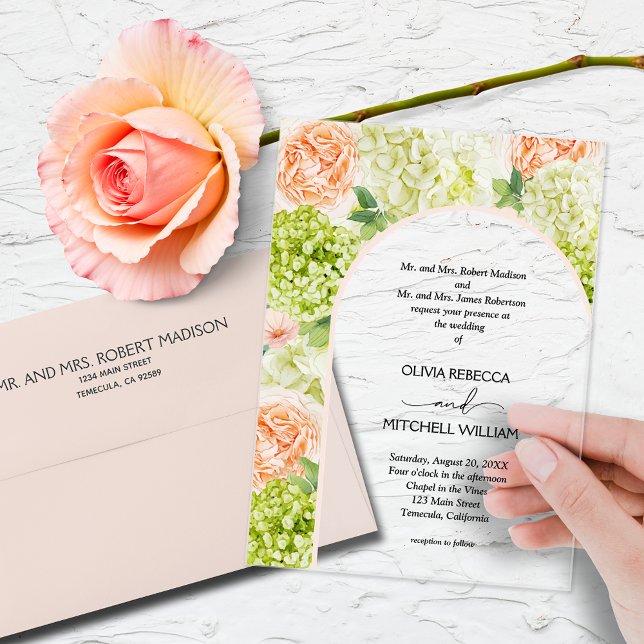 Invitations En Acrylique Fleurs Chic Mariage Arc Rose (Watercolor flowers with a blush pink arch on CLEAR or FROSTED acrylic wedding invitations)