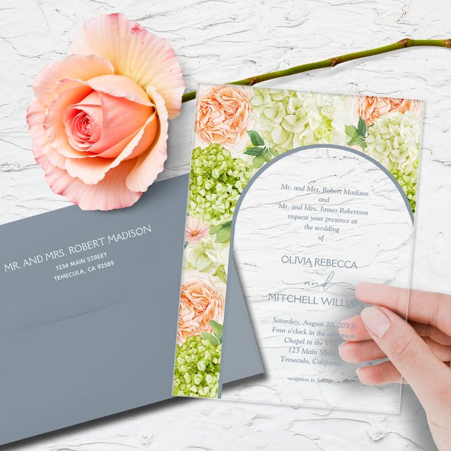 Invitations En Acrylique Fleurs Chic Mariage Arche Bleue (Watercolor flowers with a dusty blue arch on CLEAR or FROSTED acrylic wedding invitations)