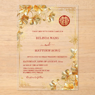 Invitations En Acrylique Fleurs chinoises de mariage en or 3D