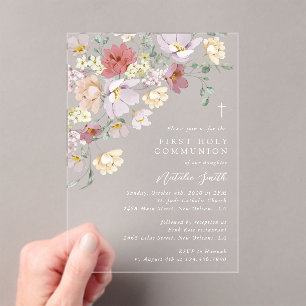 Invitations En Acrylique Fleurs Colorées, Fleurs Sauvages, Première Communi