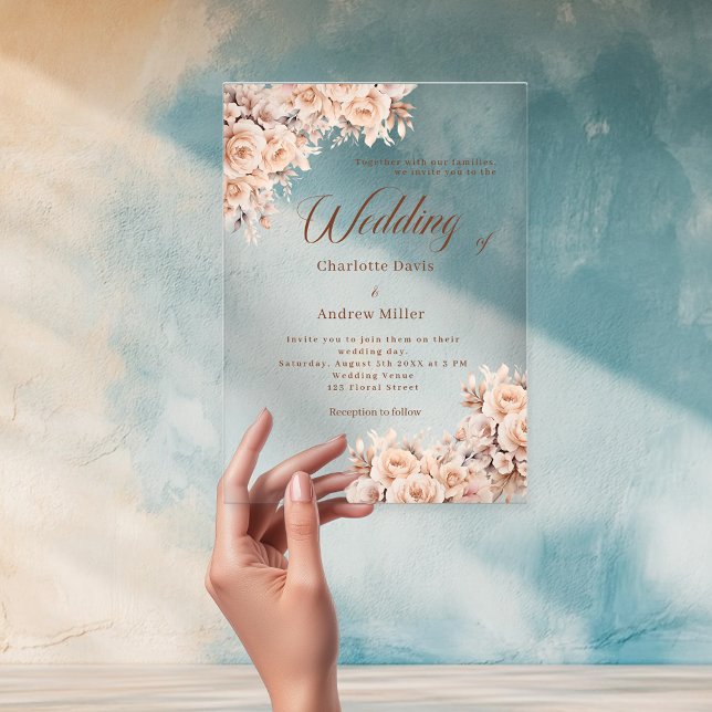 Invitations En Acrylique Fleurs crème beige mariage clair (Créateur téléchargé)