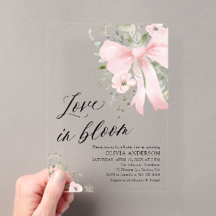 Invitations En Acrylique Fleurs d'amour à ruban rose pour la douche de mari