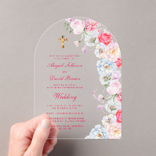Invitations En Acrylique Fleurs d'aquarelle Arche Mariage Religieux