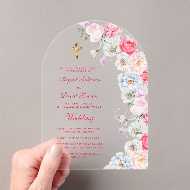 Invitations En Acrylique Fleurs d'aquarelle Arche Mariage Religieux (In situ (ordinateur de poche))