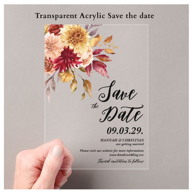 Invitations En Acrylique Fleurs d'automne Enregistrez la date (Créateur téléchargé)