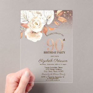 Invitations En Acrylique Fleurs d'automne Lumières Paillettes 90e Anniversa