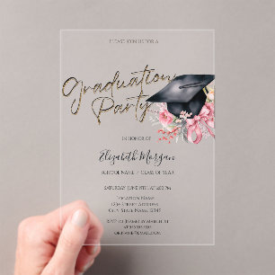 Invitations En Acrylique Fleurs de barette de remise de diplôme noires Votr