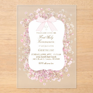 Invitations En Acrylique fleurs de bébé souffle blanches roses Première Com