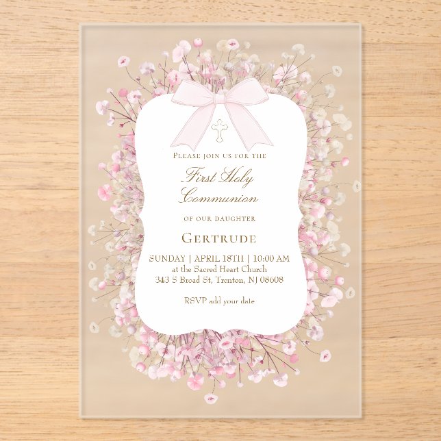 Invitations En Acrylique fleurs de bébé souffle blanches roses Première Com (Recto)
